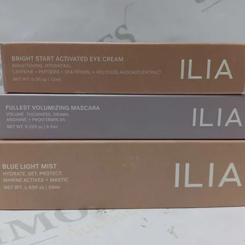 LOT OF 3 ILIA PRODUCTS TO INCLUDE EYE CREAM, MASCARA, BLUE LIGHT MIST