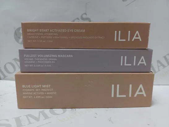 LOT OF 3 ILIA PRODUCTS TO INCLUDE EYE CREAM, MASCARA, BLUE LIGHT MIST