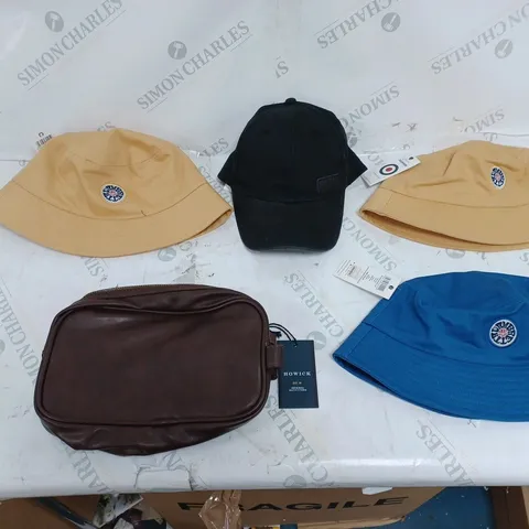 5 ACCESSORIES TO INCLUDE TAMBRETTA BUCKET HAT, FIRETRAP HAT, AND HOWICK WASH BAG 