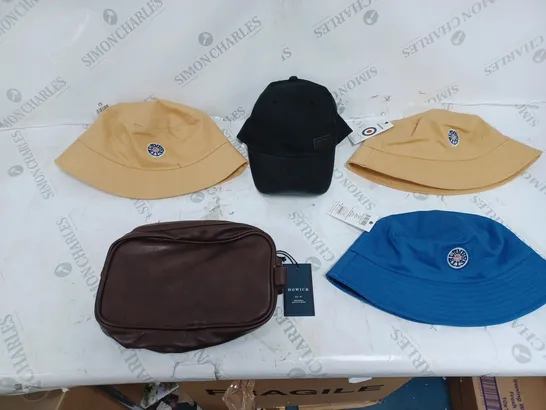 5 ACCESSORIES TO INCLUDE TAMBRETTA BUCKET HAT, FIRETRAP HAT, AND HOWICK WASH BAG 