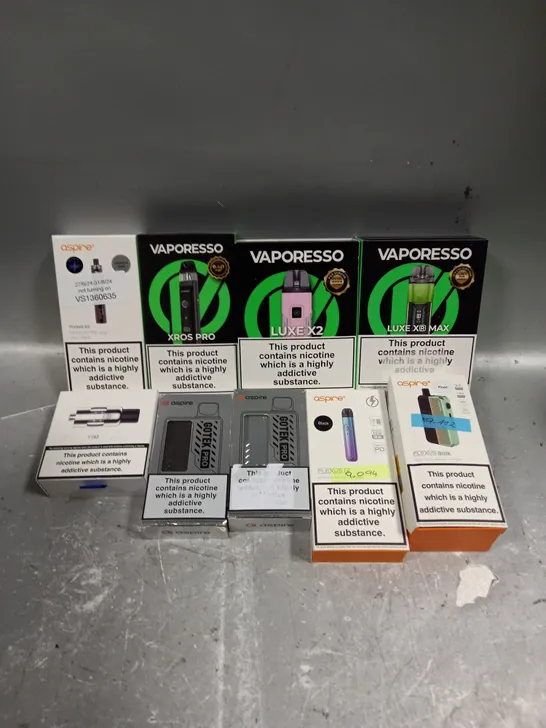 APPROXIMATELY 20 ASSORTED E-CIGARETTE PRODUCTS/ACCESSORIES TO INCLUDE VAPORESSO, ASPIRE ETC 