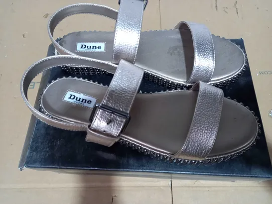 BOXED PAIR OF DUNE LONDON STUDDED PEWTER SANDALS - SIZE 7