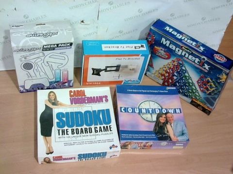 LOT OF 5 ASSORTED EXCELLENT CONDITION HOUSEHOLD ITEMS - WII MEGA PACK, TV BRACKET, COUNTDOWN GAMES, MAGNEIX SET
