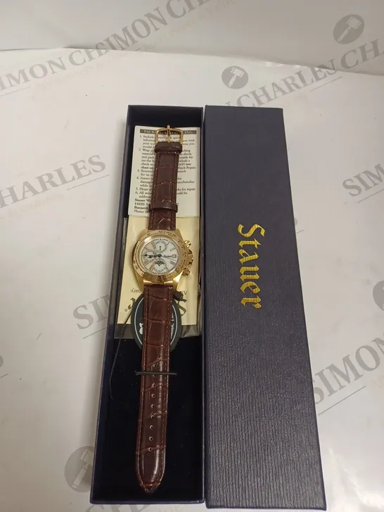 BOXED STAUER GENTS SPEEDWAY AUTOMATIC WATCH GENUINE LEATHER - BROWN & GOLD