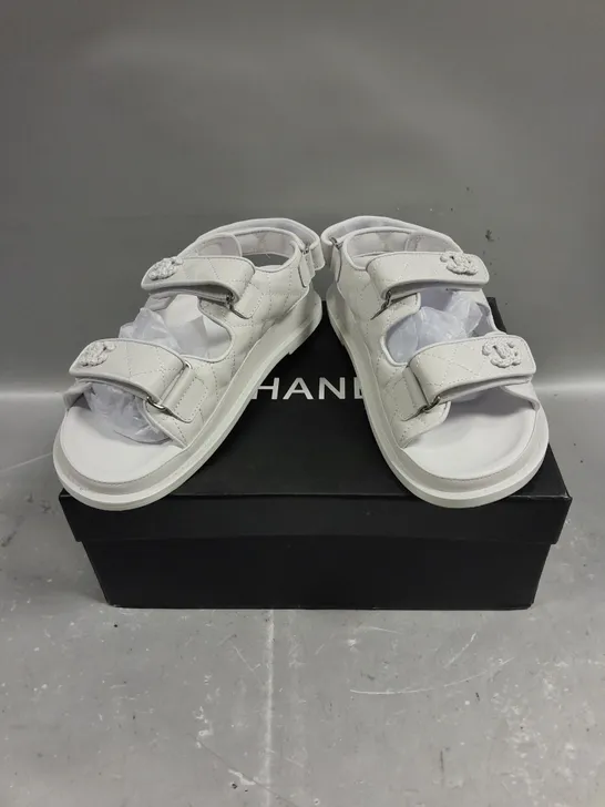 BOXED PAIR OF CHANEL TWIN STRAP SANDALS IN WHITE - 6