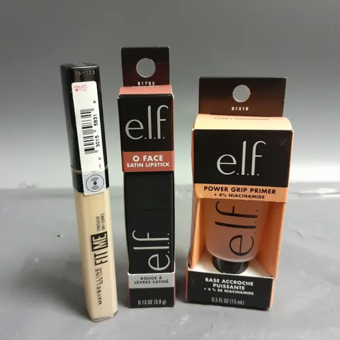 LOT OF 3 COSMETIC PRODUCTS TO INCLUDE - ELF POWER GRIP PRIMER - ELF O FACE SATIN LIPSTICK - MAYBELLINE FITME CONCEALER IN 05