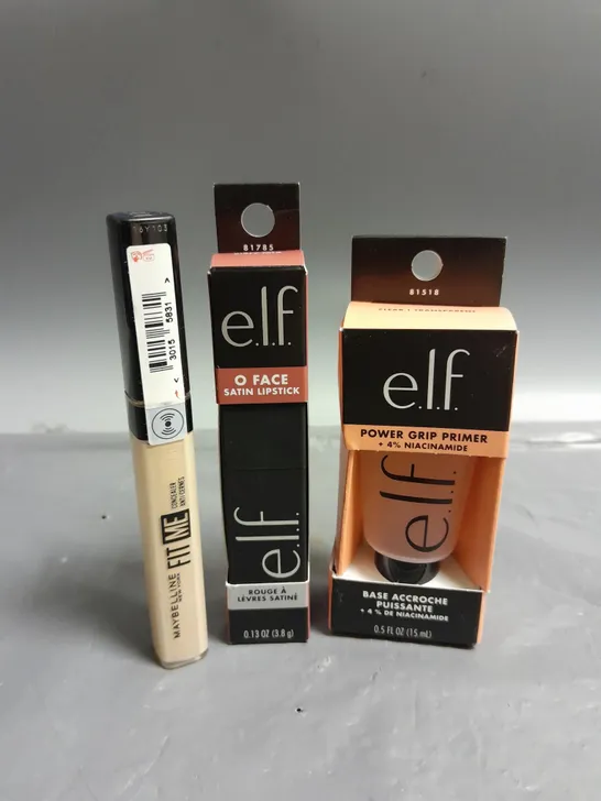 LOT OF 3 COSMETIC PRODUCTS TO INCLUDE - ELF POWER GRIP PRIMER - ELF O FACE SATIN LIPSTICK - MAYBELLINE FITME CONCEALER IN 05