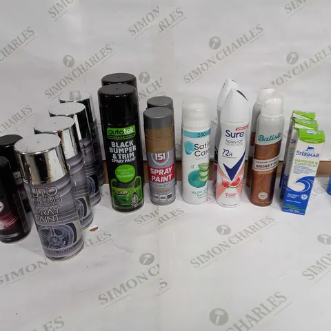 LOT OF APPROX 20 ASSORTED AEROSOLS TO INCLUDE BODY SPRAYS, PAINT, HAIR SPRAY ETC