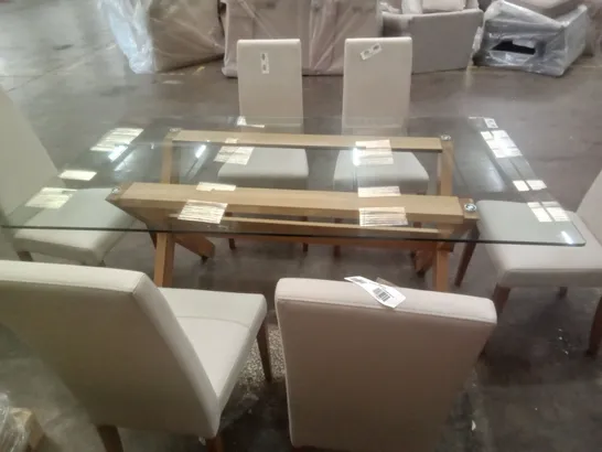 DINING SET INCLUDING GLASS TABLE & 6 WHITE CHAIRS 