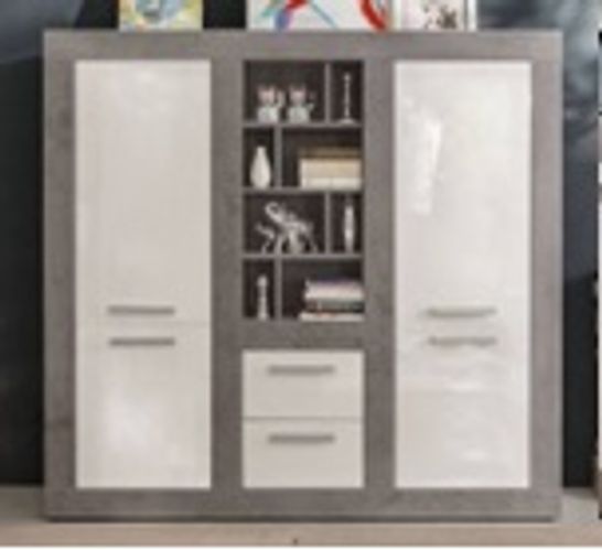 BOXED PARKER HIGHBOARD IN CONCRETE AND WHITE HIGH GLOSS WITH 4 DOORS(4 BOXES)