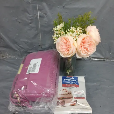 LARGE BOX OF ASSORTED ITEMS TO INCLUDE ARTIFICIAL FLOWERS, BAGS AND GREEK STYLE YOGHURT