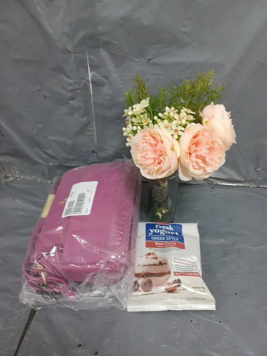 LARGE BOX OF ASSORTED ITEMS TO INCLUDE ARTIFICIAL FLOWERS, BAGS AND GREEK STYLE YOGHURT