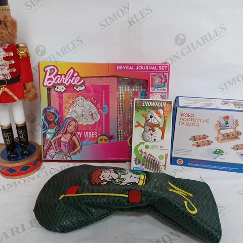 BOX OF APPROX 10 ITEMS TO INCLUDE BARBIE CUTIE REVEAL JOURNEY PLANNER, SNOWMAN 3D MODEL KIT AND TEDDY BEAR NUTCRACKER