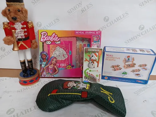 BOX OF APPROX 10 ITEMS TO INCLUDE BARBIE CUTIE REVEAL JOURNEY PLANNER, SNOWMAN 3D MODEL KIT AND TEDDY BEAR NUTCRACKER