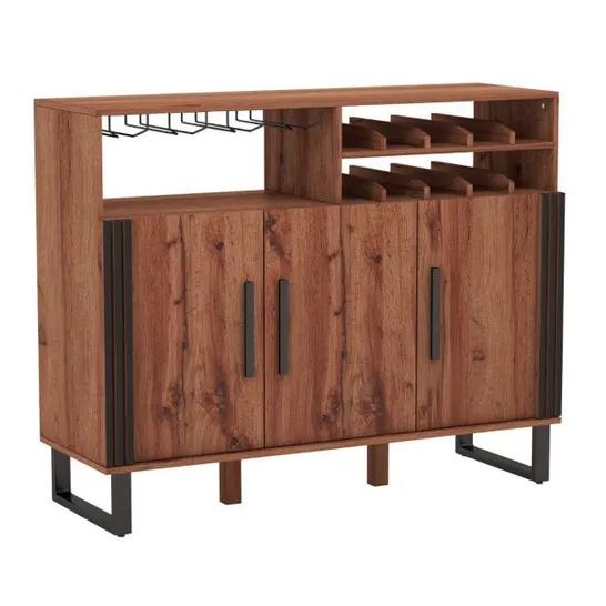 BOXED COSTWAY HOME WINE BAR CABINET WITH 3 DOOR AND 4-ROW GLASS - RUSTIC BROWN