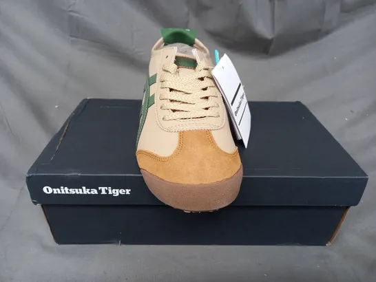 BOXED PAIR OF ONITSUKA TIGER SHOES IN TAN/GREEN UK SIZE 5.5