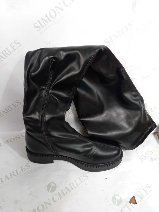 PAIR OF KOI VEGAN LEATHER THIGH HIGH BLACK BOOTS - SIZE 7