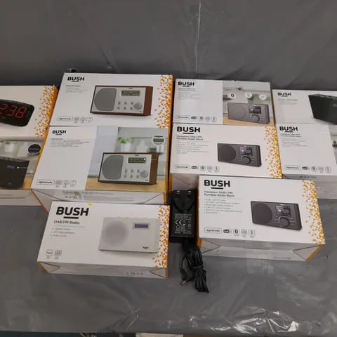 BOX OF APPROXIMATELY 10 ASSORTED AUDIO ITEMS BY BUSH TO INCLUDE PORTABLE RADIO, ALARM CLOCK RADIO, AND DAB/FM RADIO ETC.