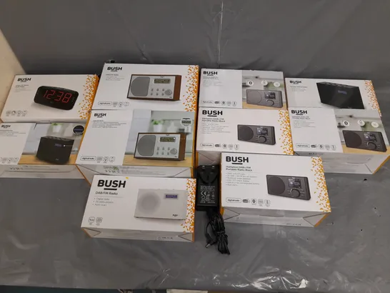 BOX OF APPROXIMATELY 10 ASSORTED AUDIO ITEMS BY BUSH TO INCLUDE PORTABLE RADIO, ALARM CLOCK RADIO, AND DAB/FM RADIO ETC.