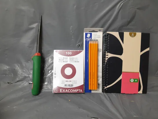 BOX OF APPROXIMATELY 12 ASSORTED ITEMS TO INCLUDE - NOTEBOOK , PENCIL , EXACOMPTA RECORD CARDS ETC