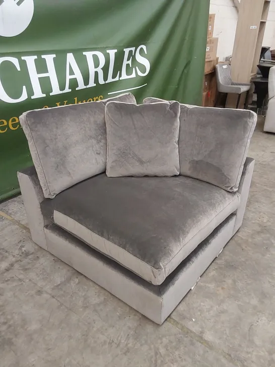 DESIGNER MAISON SLATE GREY VELVET UPHOLSTERED CORNER SOFA PART WITH CUSHIONS - INCOMPLETE SOFA PIECE