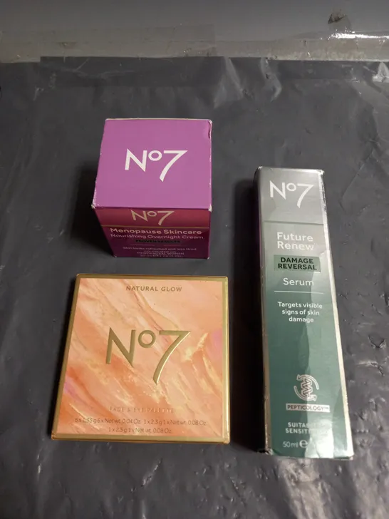 N07 LOT OF 3 ASSORTED COSMETIC PRODUCTS TO INCLUDE - OVERNIGHT CREAM - NATURAL GLOW FACE & EYE PALETTE - FUTURE RENEW SERUM