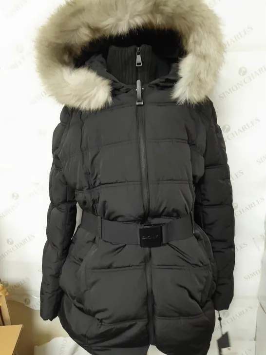 DKNY LONG PUFFER JACKET WITH FUR STYLE HOOD - SIZE 14 