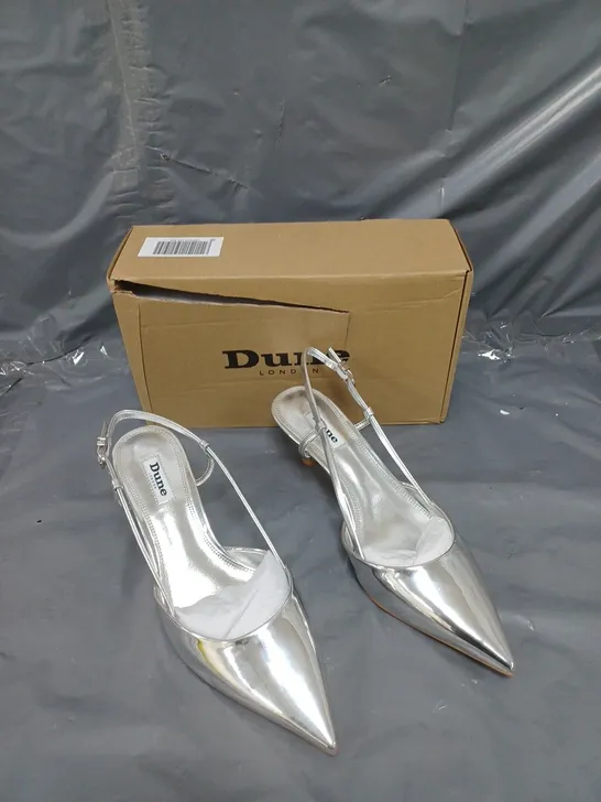 BOXED PAIR OF DUNE LONDON SILVER CLEAN SLINGBACK COURT SIZE 8 