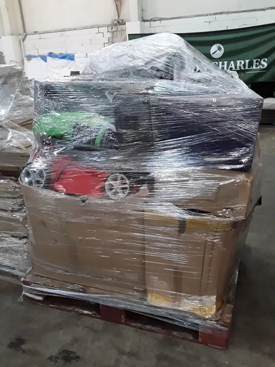 PALLET OF ASSORTED PRODUCTS INCLUDING FLYMO POER VAC, CAR WHEEL PROTECTION, SHOWER MIXER