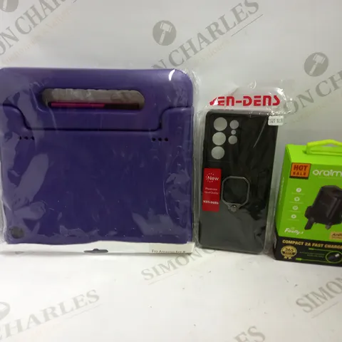 LOT OF APPROXIMATELY 25 ASSORTED ELECTRICALS AND PHONE CASES TO INCLUDE ORAIMO COMPACT 2A FAST CHARGER, VEN-DENS PHONE CASE WITH STAND FOR S21 ULTRA, UNBRANDED AMAZON FIRE 8 TABLET CASE IN PURPLE, ETC