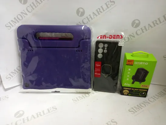 LOT OF APPROXIMATELY 25 ASSORTED ELECTRICALS AND PHONE CASES TO INCLUDE ORAIMO COMPACT 2A FAST CHARGER, VEN-DENS PHONE CASE WITH STAND FOR S21 ULTRA, UNBRANDED AMAZON FIRE 8 TABLET CASE IN PURPLE, ETC