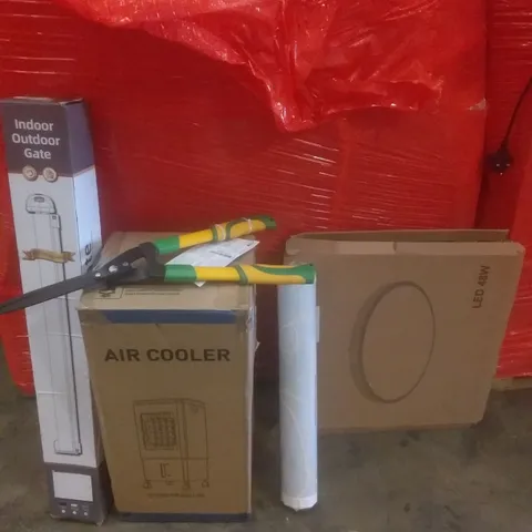 PALLET OF ASSORTED ITEMS INCLUDING INDOOR/OUTDOOR GATE, AIR COOLER, GARDEN SCISSORS, LED SPIRAL PANEL