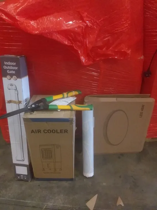 PALLET OF ASSORTED ITEMS INCLUDING INDOOR/OUTDOOR GATE, AIR COOLER, GARDEN SCISSORS, LED SPIRAL PANEL