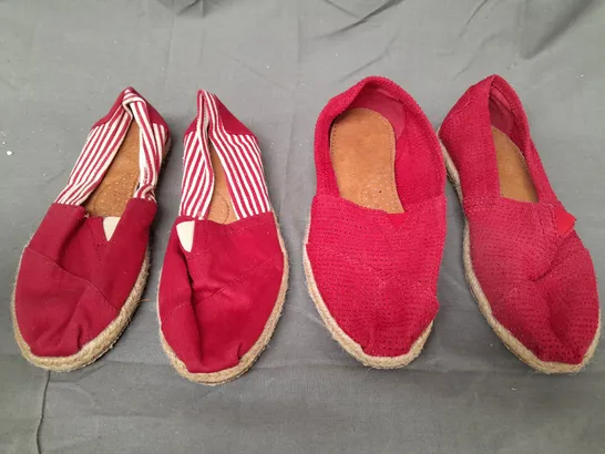 BOX OF APPROXIMATELY 8 ASSORTED FLAT SLIP-ON SHOES IN RED, AND RED/WHITE STRIPES - VARIOUS STYLES