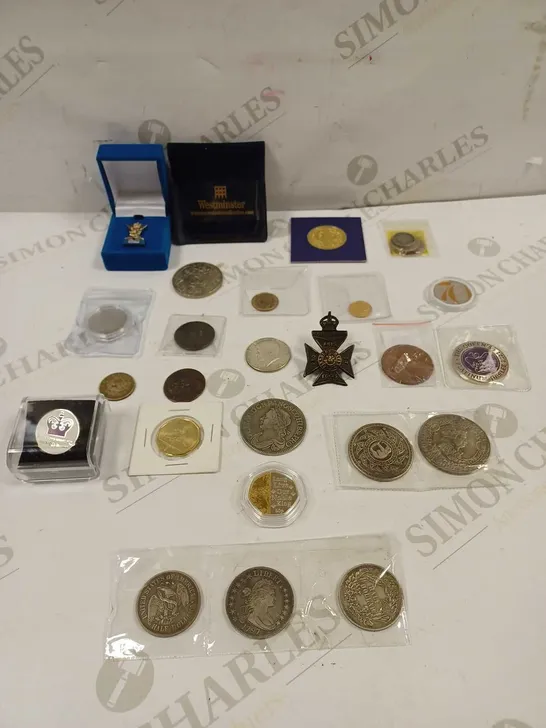 LOT TO CONTAIN APPROX 26 X MIXED ASSORTMENT OF COINS & A MEDAL. COINS VARY BY DESIGN AND COUNTRY