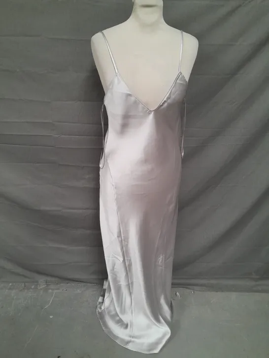 ZARA PLUNGE SATIN MAXI DRESS IN SILVER SIZE S