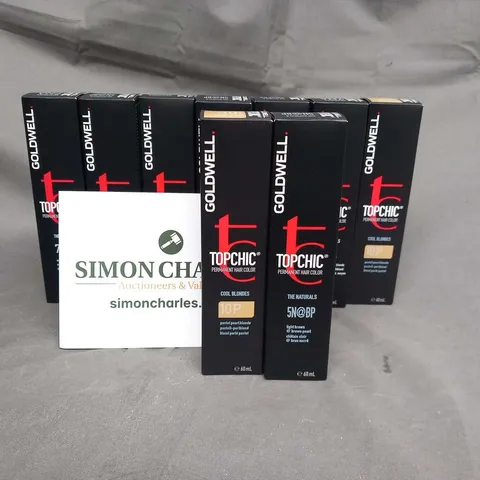 NINE BOXED GOLDWELL TOP CHIC PERMANENT HAIR COLOUR 60ML IN ASSORTED COLOURS TO INCLUDE; COOL BLONDES 10P, THE NATURALS 5N@BP AND THE NATURALS 7NA