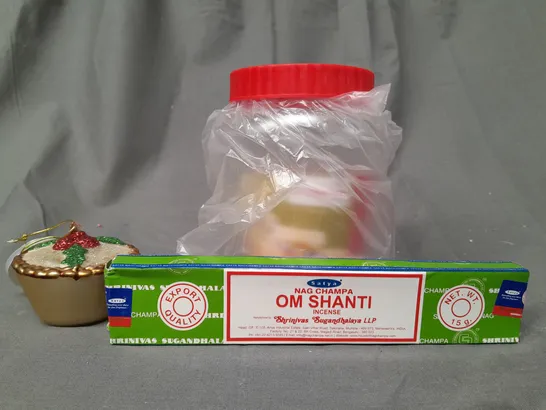 APPROXIMATELY 10 ASSORTED HOUSEHOLD ITEMS TO INCLUDE OM SHANTI INCENSE STICKS, CHRISTMAS DECORATION, CLEAR PLASTIC FOOD STORAGE CONTAINER, ETC