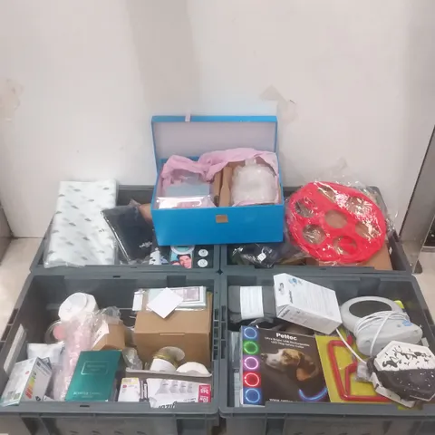 4 TOTES OF ASSORTED ITEMS INCLUDING, ASSORTED BRANDED CANDLES, DIFFUSER REFILLS, TOMMEE TIPPEE BABY MONITOR AND LED DOG COLLAR 