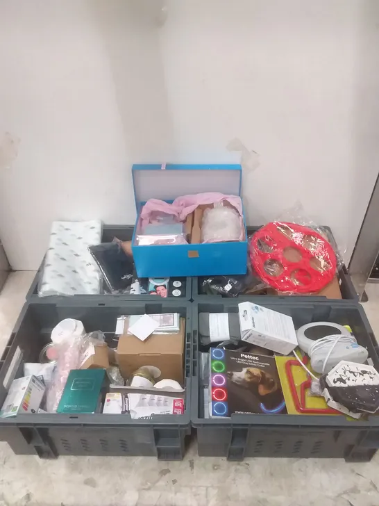 4 TOTES OF ASSORTED ITEMS INCLUDING, ASSORTED BRANDED CANDLES, DIFFUSER REFILLS, TOMMEE TIPPEE BABY MONITOR AND LED DOG COLLAR 