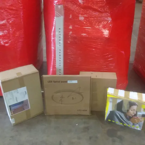 PALLET OF ASSORTED ITEMS INCLUDING HEATED CUSHION, LED SPIRAL PANEL, ACUPRESSUR KIT, HANGING LIGHTS