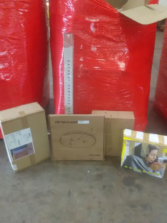 PALLET OF ASSORTED ITEMS INCLUDING HEATED CUSHION, LED SPIRAL PANEL, ACUPRESSUR KIT, HANGING LIGHTS