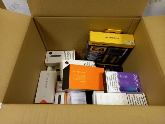 BOX OF APPROXMATELY 28 E-CIGARETTES AND LIQUIDS TO INCLUDE VOOPOO DRAG S PRO, AEGIS MAX 100W MESH COIL, VAPORESSO XROS2, ETC