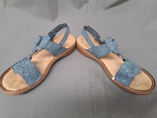 BOXED PAIR OF RIEKER OPEN TOE SANDALS IN BLUE EU SIZE 38