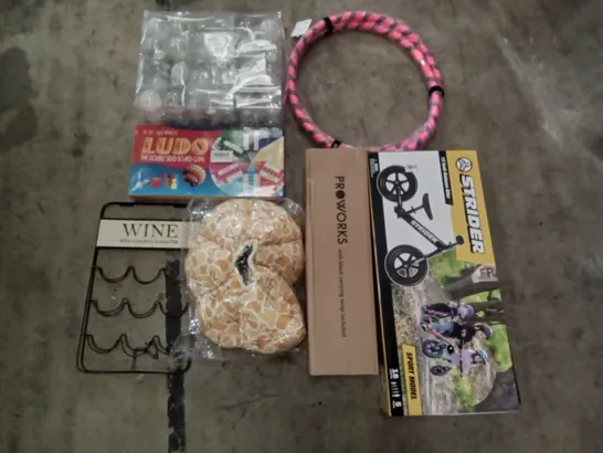 PALLET OF ASSORTED ITEMS INCLUDING WINE RACK, HULA HOOPS, CLEAR BAUBLE SET, PROWORKS, 12" BALANCE BIKE, LUDO DOUBLE SIDED BOARD