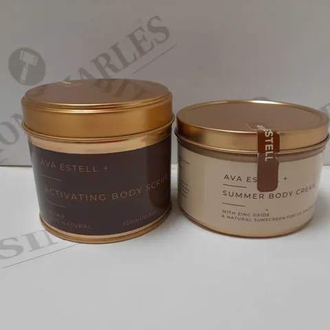 LOT OF 2 ASSORTED AVA ESTELL+ PRODUCTS TO INCLUDE ACTIVATING BODY SCRUB 250ML & SUMMER BODY CREAM 