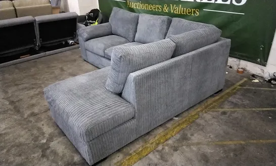 DESIGNER JUMBO CORDED GREY FABRIC CORNER GROUP SOFA WITH CHAISE SECTION