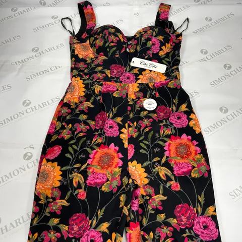 CHI CHI LONDON SLEEVELESS SWEETHEART FLORAL JUMPSUIT IN BLACK SIZE 8