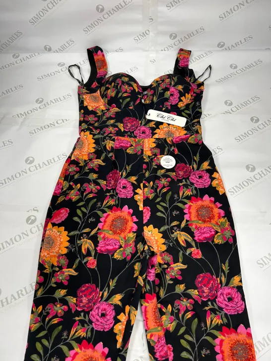 CHI CHI LONDON SLEEVELESS SWEETHEART FLORAL JUMPSUIT IN BLACK SIZE 8