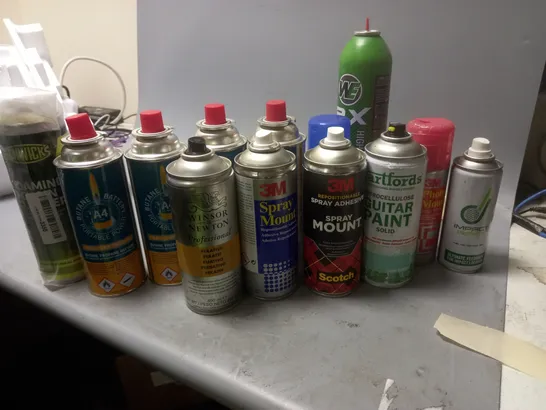 LOT CONTAINING VARIOUS AEROSOLS TO INCLUDE; SPRAY ADHESIVE, GUITAR PAINT, BUTANE BATTERY PORTABLE POWER 